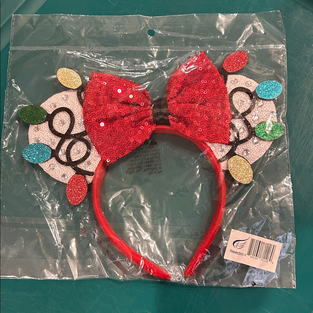 NWT IN ORIGINAL PACKAGING MINNIE EARS CHRISTMAS LIGHTS/ Red Sequin Bow Headband